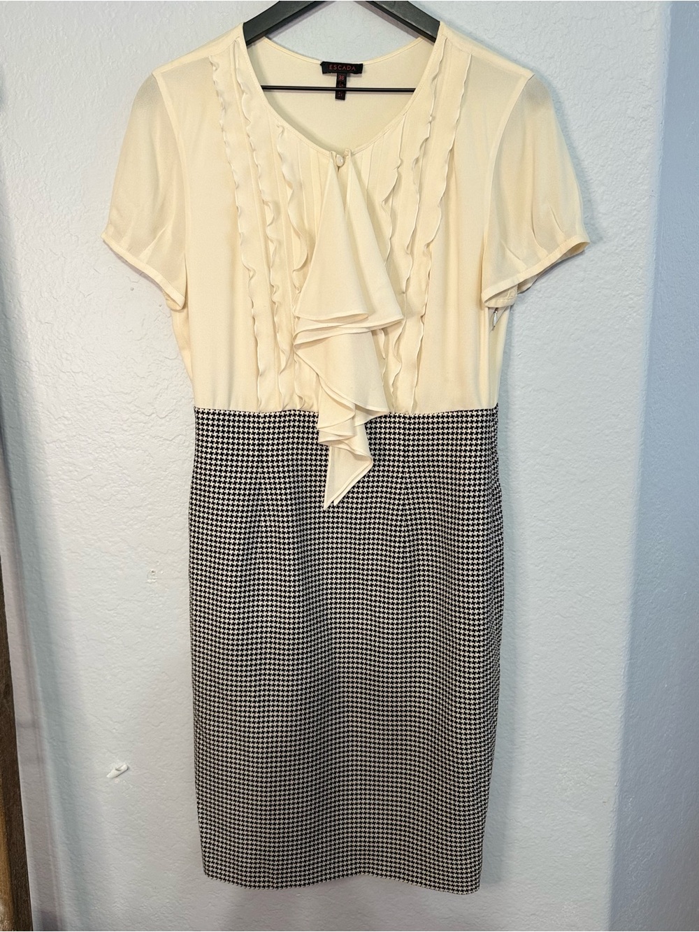 Escada Ivory Blouse with Black-and-White Houndstooth Pencil Skirt
